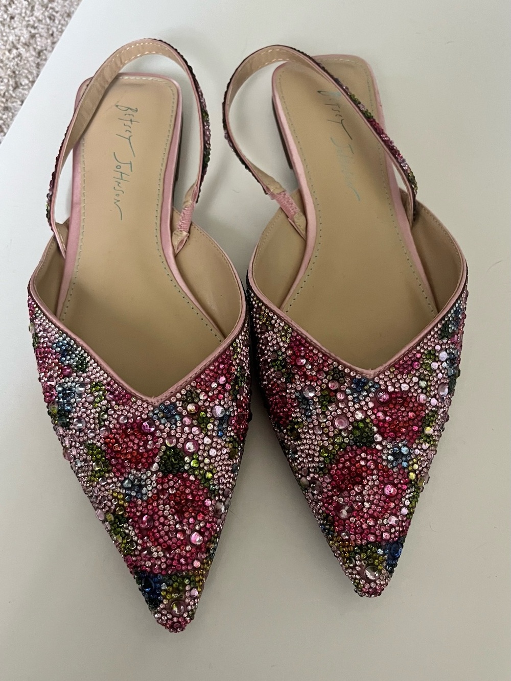 Betsey Johnson Pink Multicolor Crystal Pointed Slingback Flats